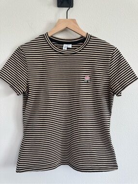 & Other Stories Striped Embroidered Floral Tee Shirt Black Tan Medium